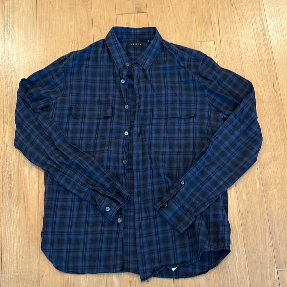 Men’s Theory Plaid Button Down Black Blue Large